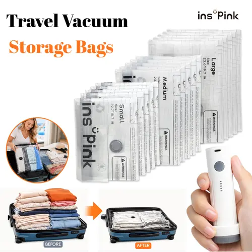 [Inspink] Travel Vacuum Seal Storage Bags with USB Rechargeable Electric Pump - Compression Space Saver, Durable Lightweight Organizer, Multi-Size Organizer Storage for Garment, Outdoor Camping, Dorm Essentials #SohoChic
