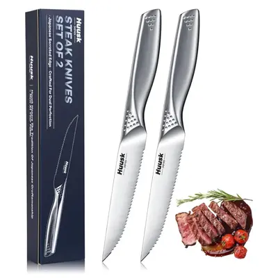 Huusk Serrated Steak Knives Set - 4.5" Japanese Stainless Steel, 2-Piece Sharp Kitchenware Dinner Knives, Dishwasher Safe for Cutting, Gift Box-Included Utensils for Holiday Gifts