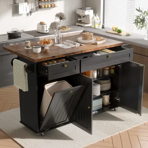 【SohoChic】ONBRILL 60" Kitchen Island with Power Outlet & Drop Leaf, Kitchen Rolling Island with Spice Rack & Towel Rack, Knife Holder, Kitchen Island Cart with Trash Storage Cabinet, Mobile Island Table for Kitchen