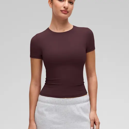 CRZ YOGA Softembrace Short Sleeve Going Out Tops for Women Soft High Crew Neck Casual Tight Shirts Fitted Basic T-Shirts
