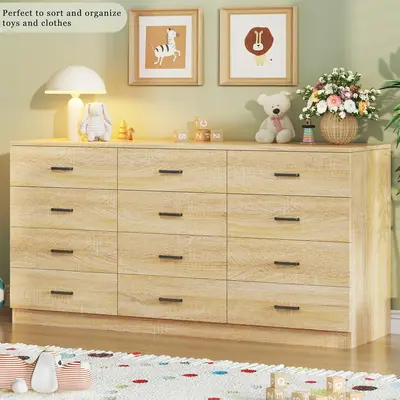Dresser for Bedroom with 12 Drawers, 60'' Wide Mid Century Modern Dressers, Natural Wood Grain, Chests of Drawers TV Stand, Large Storage Organizer, Closet, Entryway, Natural