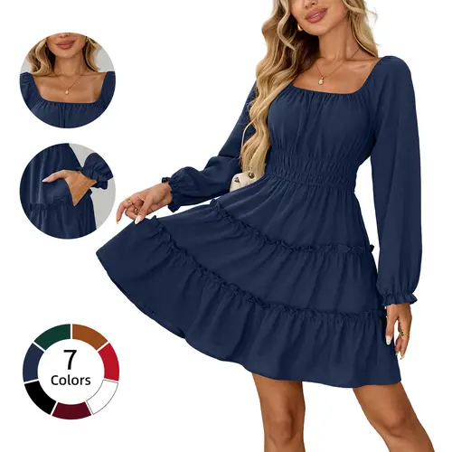 Chicovar Women's Square Neck Boho Mini Dress – Long Sleeve Smocked Waist Tiered Ruffle Dress with Pockets , Cute Lantern Sleeve for Fall Wedding Guest, Family Photos, Church, Westernfashion, Sohochic