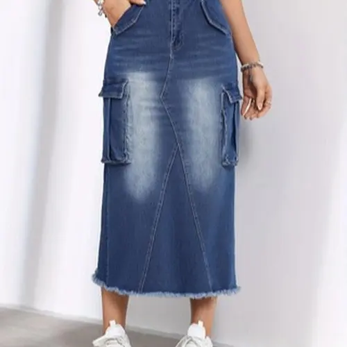 JUNBAOSS Women's Casual Stretch Mid Rise Long Denim Skirt Women Button Down Mid-Length Streetwear Denim A Line Skirt with Cargo Pocket