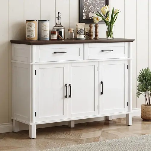 【SohoChic】ONBRILL 48-Inch Sturdy Wood Farmhouse Buffet Cabinet - Modern Sideboard Buffet with Thick Legs, 2 Drawers, 3 Doors, Adjustable Shelves, Easy Assembly, Kitchen Storage Coffee Bar for Kitchen, Living Room