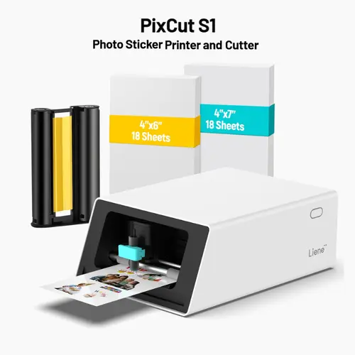 Liene PixCut S1 All-in-One Color Sticker Printer & Cutting Machine, Sticker Maker for DIY Crafts, Custom Labels & Gifts, Thermal Dye-Sublimation Photo Printer, 300 DPI, Color Label Maker, Precise AI Auto-Cutting, Back to School, Dorm Decor