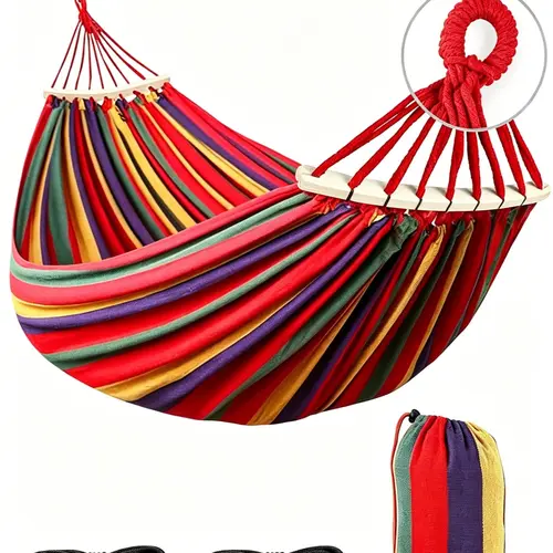 Thick Fabric Single-Person Portable Travel Hammock - 550lb Capacity, Anti-Rollover Spreader Bars, Metal Support Ring, Secure Tree Straps, Travel Bag, Carrying Bag, 200cm, Flat Shape, for Camping, Backyard Relaxation, Unisex
