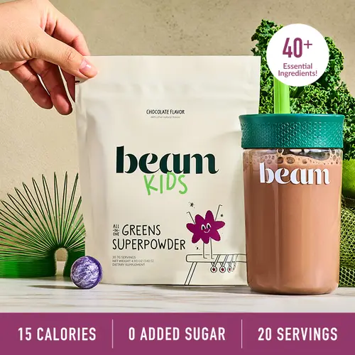 Beam Kids Superblend Vitamin Dietary Supplement - 20 Servings, Pediatrician-Formulated Sugar-Free Children's Safe Balanced Formula, 40+ Nutrients for Growth, Immunity Boost & Digestion (Organic Beet Root, Cocoa Powder) | Back to School