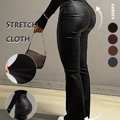GILIPUR Y2K High Waist PU Flare Leg Pants, Casual Comfy Basic Plain Button Trousers, Women's Bottoms with Pockets For All Seasons, Fall & Winter Clothes Stretchy PU Leather Flared Leg Pants Coated Flared Pants,Kardashian Style,Tchic