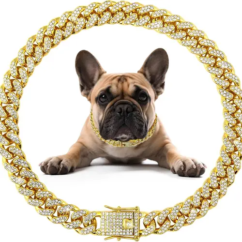 Cuban Style Dog Collar - 14in Fantasy Zinc Alloy Mosaic Chain, Zirconia Sparkle, Lightweight Fit, Secure Buckle, Cuban Chain Flair Pet Neck Accessory for Birthdays, Christmas, Small to Medium-Large Dogs,sohochic