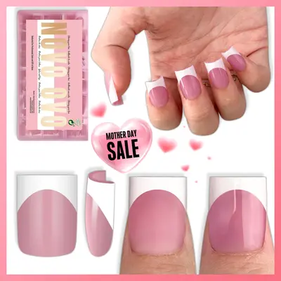 NOVO OVO French Tip Nail Tips Press on, Need Builder Gel Top Coat Nail Glue, Soft Gel Fake Nail Extension, Full Cover False Nails for Salon DIY【DOES NOT INCLUDE: LIGHT, GLUE, BUILDER GEL】#backtoschool,sohochic