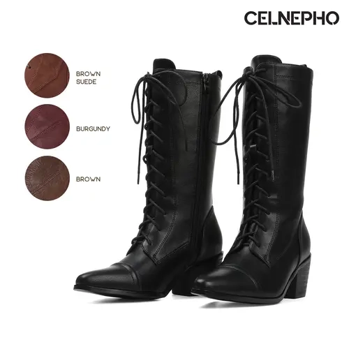 CELNEPHO Womens Mid Calf Boots Victorian Style Granny Boot Pointed Toe Chunky Block Heel Side Zipper LaceUp Easy Pull on Comfy Outdoor Clubbing Event Party Office Casual Steampunk Gothic Vinatge Combat Biker Fall Fashion Dressy Shoes