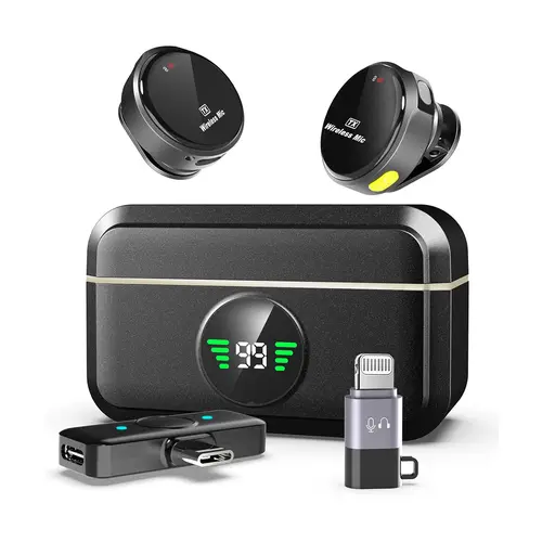 Portable Wireless Lavalier Microphone with Noise Reduction, Charging Case, Magnetic Lanyard, Clip-On Lapel Receiver - USB-C Plug-and-Play Wearable Recording Equipment for Vlogging, Streaming, Live Podcast Setup (iPhone, iPad, Android Smartphones) (Black)