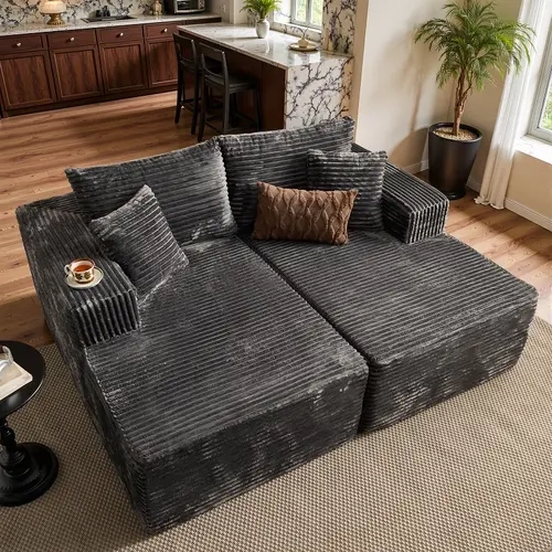 CAODOC Boneless Sofa Couch Double Chaise Lounge with Plush Corduroy Upholstery, Oversized Sectional Couch Sofa Bed, No Assembly Sleeper Loveseat for Living Room Audiovisual Room, Modern Fluffy Sofa Chair