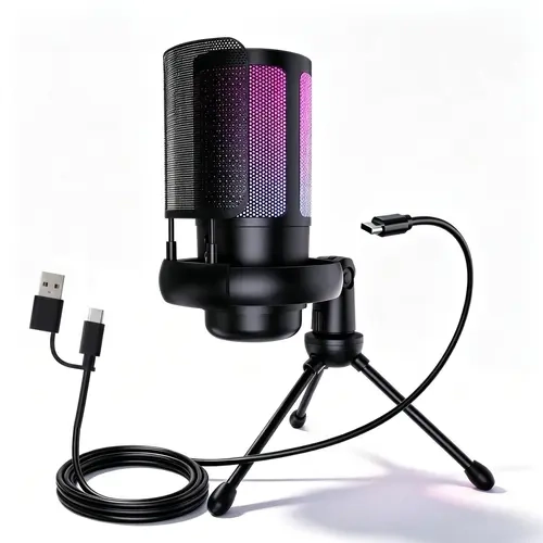 HITOZON USB Game Microphone with RGB,Content Creator Tools with Anti Vibration Shock Tripod Stand,Plug&Play,Pore Filter,Gain Control,Touch,Monitoring,Noise Cancellation condenser mic for PC,Smartphone