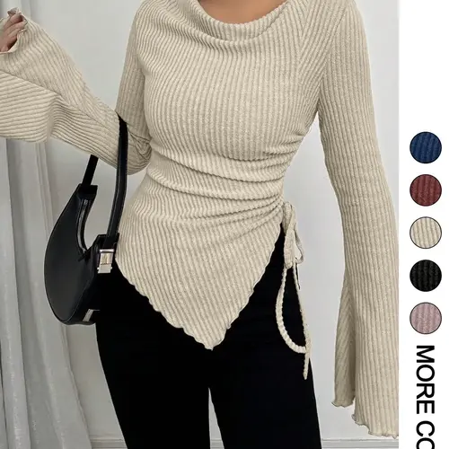 Women's Simple Basic Long Sleeve Knit T-Shirt for Fall & Winter, Slim-Fitting Casual Top, Comfortable and Fashionable Everyday Wear, Soft Knitting Tops