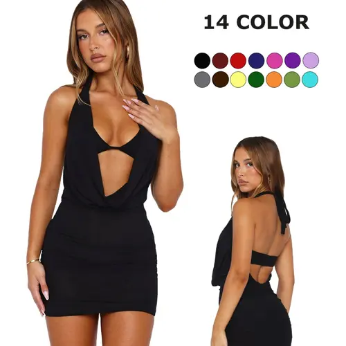 Summer Sexy Halter Dress, Deep V Neck, Bodycon Mini Dress, Slim Fit, Revealing Waist Design, Versatile Fashion for Ladies, Chic Trendy Dress, Womenswear, Women