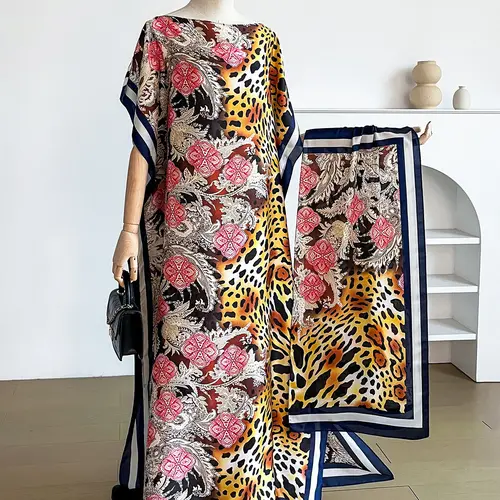 Women's Ditsy Floral Print Dress Set with Shawl Collar & Long Sleeve, Beach Silk Scarf, Boho Casual Fit, Beach Resort Wear