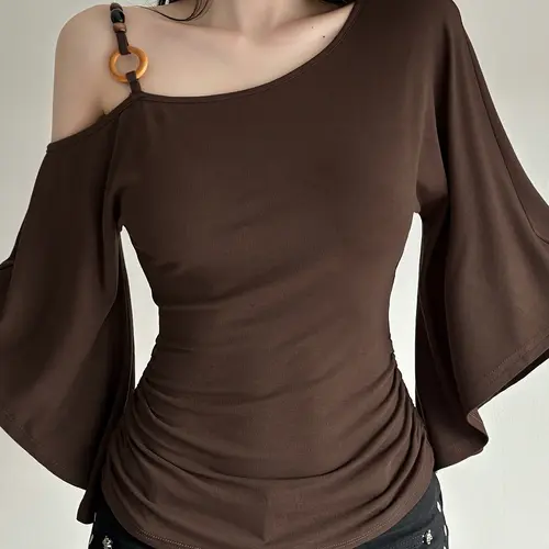 Women's Street Style Vintage Beaded Asymmetrical Off Shoulder Batwing Long Sleeve Lady Top Blouse, Fitted Waist Retro Casual Top for Spring & Fall, Womenswear Batwing Sleeve Shirt