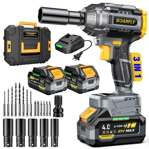 【Clearance Sale】SOARFLY 800NM-590FT-LBS Impact Wrench, 2x 4.0Ah Batteries, Fast Charger, 6 Screwdriver Bit, 8 Drill Bit, 6 Sockets, For Car, Trucks Power Tool Rechargeable High Torque