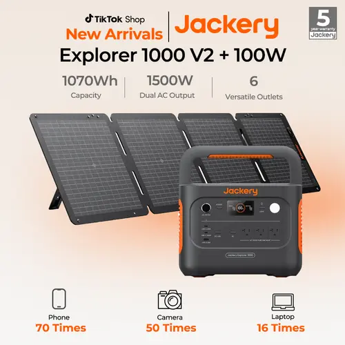 Jackery Solar Generator 1000 v2 with 100W Solar Panel,1070Wh Portable Power Station LiFePO4 Battery,1500W AC/100W USB-C Output,1Hr Fast Charge for Outdoor,Off-Grid Living,RV,Emergency