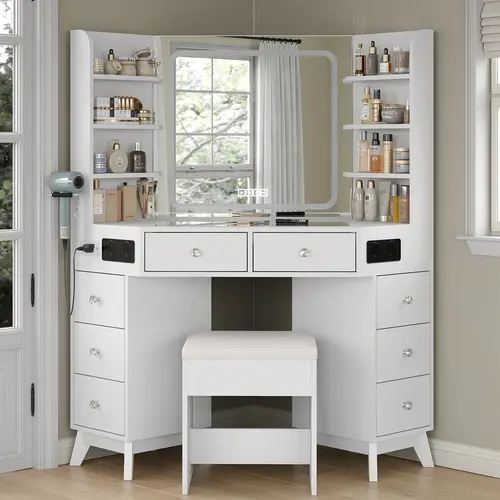 FUSOU Music Corner Vanity Desk with Bluetooth Speaker, [Shipping by 2 Packages] ,Vanity with Mirror and Lights, Modern Makeup Vanity with Glass Top,  8 Drawers & 6 Shelves, 3 Color Lighting Modes, Dressing Table with Chair for Bedroom, White,SummerVibe