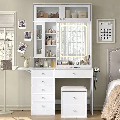 FUSOU 72in Sturdy Vanity Desk with Backlit Mirror, Glass Top, Built-in Charging Station, Drawers, Storage Stool, White Bedroom Dressing Table - Gift for Mom