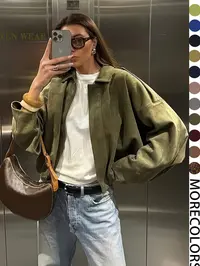 Women's Military Short Jacket, Loose Fitting Jacket, Army Green Casual Loose Fit Coat Outerwear For Spring & Autumn, Everyday Womenswear Basic