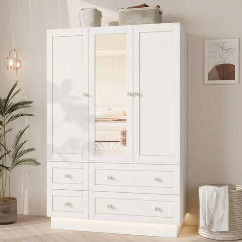 【2 Packages Delivery】VOWNER Bedroom Wardrobe with 3 Doors and 4 Drawers, Mirror, RGB Lights, Hanging Rod, Bedroom, Living Room, White, Black