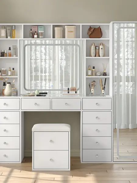 FUSOU 2-in-1 Elegant Makeup Vanity Desk with Full-Length LED Mirror, Power Outlet, 14 Drawers, 10 Shelves, Hidden Storage, Dimmable 3-Color Lighting (White, Furniture, Vanity with Chair) [Shipped in 3 Packages]
