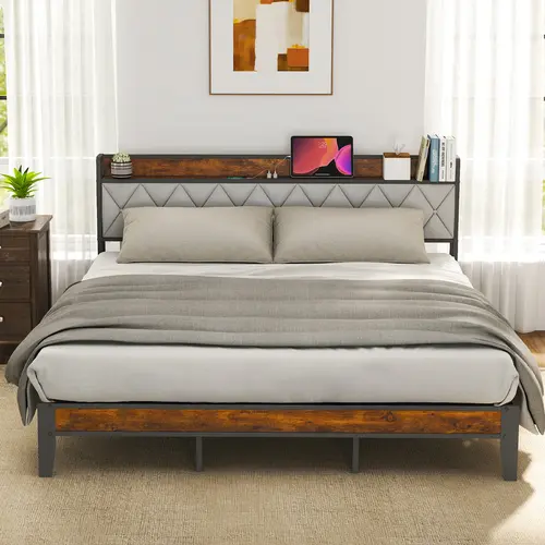 Full Bed Frame with Headboard, Underbed Storage, Built-in Charging Ports, Sturdy Noiseless Design, Tool-Free Assembly, No Box Spring Needed, King Sized Bed, Queen Size Bed Frame, Bedroom Furniture, Full Size Bed