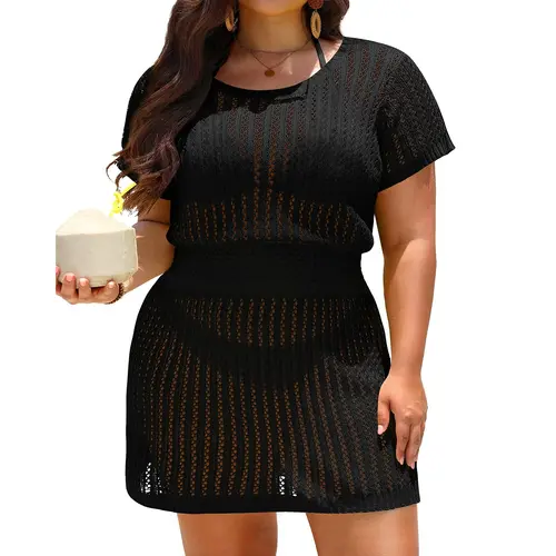 Aqua Eve Women's Plus Size Swimsuit Cover Up - Crochet Bathing Suit Coverup Short Sleeve Beach Dress Swimwear