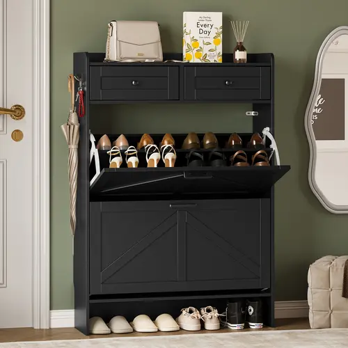 Shoe Storage Cabinet for Entryway, Farmhouse Narrow Shoe Cabinet with 2 Flip Drawers & Top Drawers, Adjustable Shelves & Hooks, Freestanding Hidden Rack Organizer for Hallway, Foyer Footwear Organization fathers day gift ideas