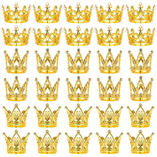30PCS Crowns for Flower Bouquets Gold Crown Cake Topper Mini Crown for Flower Bouquet Accessories Birthday Crowns Cupcake Toppers for Bridal Wedding Mothers Day Party Cake Decor, 3 Style