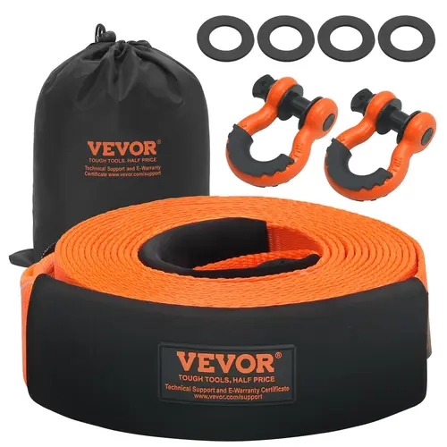 【toolupgrade】VEVOR Heavy Duty Car Towing Strap Kit (3 Inches Wide), 3x30ft, 36000 Lbs MBS, 3/4" Zinc Waterproof D-Ring Shackles, Triple Reinforced Loops, Protective Sleeves, Storage Bag, Tree Saver Winch Strap for Trucks & ATV Owners, Extends Lifespan