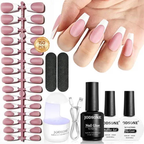 JODSONE 154PCS New Upgrade French Gel Nail Tips Kit French Tip Press on Nails Soft Fack Nail Tips Gel Nail Glue,Builder Gel,Top Coat,Nail Lamp All Included for Nail Art Easy DIY, Nail Art Kits, Set