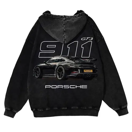 Men's 380g Thick Cotton Hoodie - 911 GT3 Graphic, Vintage Washed, Retro Fade Craft, Long-Sleeves, Unisex Pullover Tops, Soft Fabric, Street Wear Menswear Sweatshirts, Casual Warm,sohochic