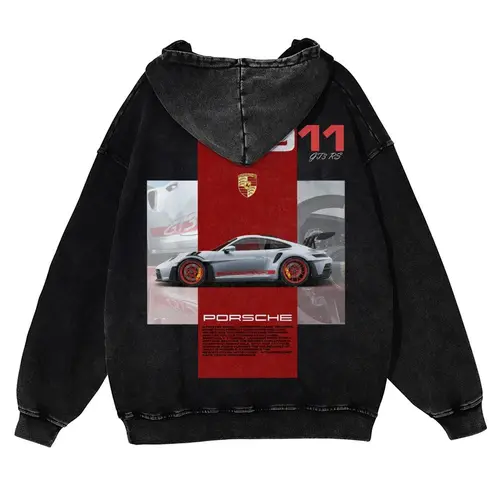 Unisex Vintage Car Graphic Heavyweight Washed Cotton Pullover Hoodie - Retro Streetwear Top, Super Soft Thick Fabric, Oversize Fit, Pairable with Jeans,sohochic