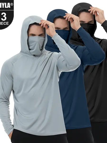 HOVSIYLA 3 PACKS Men's Athletic Hoodies Long Sleeve Fishing Shirts for Men Hooded   Set with Face Mask summerwins