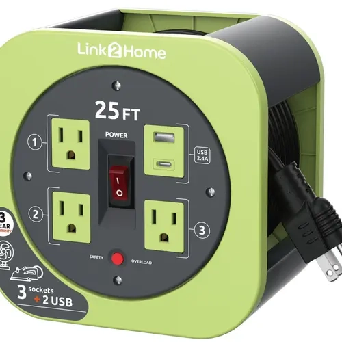 Link2Home Cord Reel 25' Extension Cord Power Outlet & USB