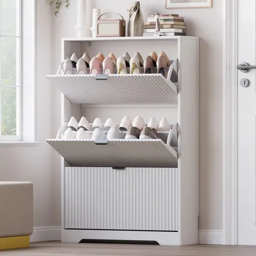 Black Fluted Rectangular Multifunctional Shoe Cabinet - Natural Finish Freestanding Narrow Slim Shoe Closet with 3 Flip Drawers, Adjustable Shelves, Hidden Organiser for Hallway/Entrance, Father's Day Gift Idea