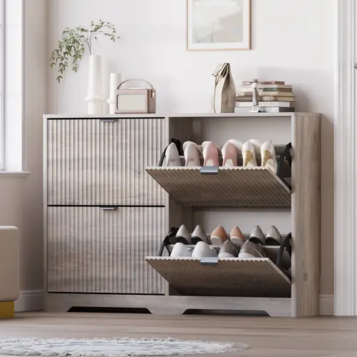 Shoe Cabinet Storage for Entryway with 4 Flip Drawers, Black Fluted Shoe Cabinet with Adjustable Shelves, Wooden Hidden Shoes Rack Freestanding Narrow Slim Shoes Storage for Hallway, Entrance