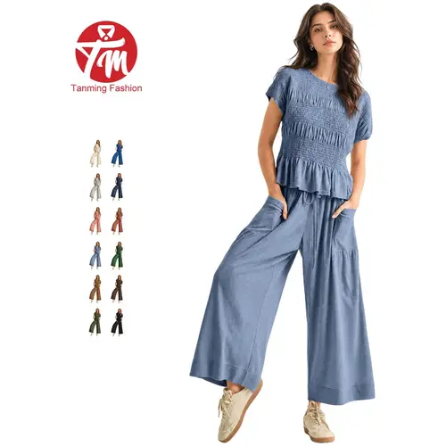 Tanming Women's 2-Piece Soft Smocked Short-Sleeve Basic Minimalist Top & High-Waisted Wide-Leg Pants Set, Boho Day Lounge Outfit with Pockets, Shortsleeve, Breathable, Fabric, Casual