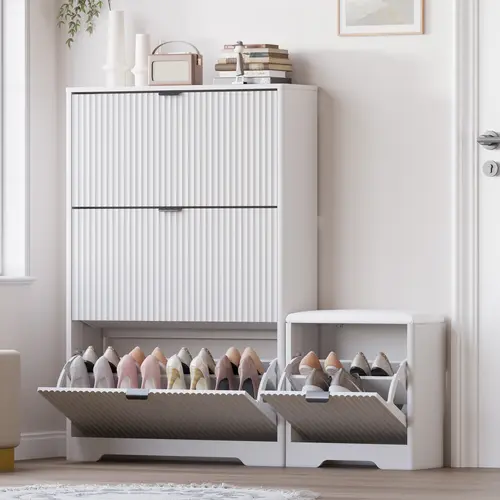 Natural Finish Shoe Rack Cabinet，Shoe Cabinet Storage for Entryway with 4 Flip Drawers, Oak Fluted Shoe Cabinet with Bench, Wooden Hidden Shoe Rack Freestanding Narrow Slim Shoes Storage Organizer for Hallway, Entrance fathers day gift ideas