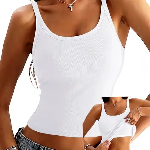 Danysu Women's Tank Tops with Bulit in Bras Scoop Neck Ribbed Fitted Knit Crop Halter Tops Spaghetti Strap Camisole campingessentials Casual Basic Tanks Bandeau Tops