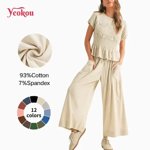 Yeokou Women's 2-Piece Boho Back to School Outfits - Cotton Smocked Top, High Waisted Wide Leg Lounge Pants with Side Pockets, Soft Fabric Hugs Skin 2 Piece Sets,sohochic