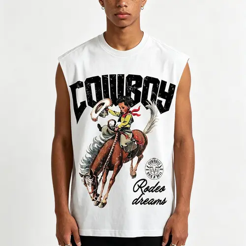 Sopula Studio Men's Cotton Fabric Cowboy Rodeo Graphic Vest - Round Neck, Sleeveless, Casual Streetwear for Workout, Mens Tops,fashion streetwear,vintage clothing