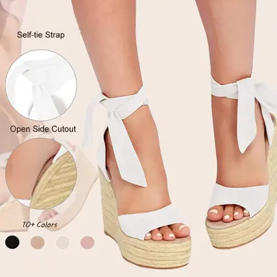 Imily Bela Womens Espadrilles Wedges Sandals Heels Open Toe Tie Lace Up Platform Ankle Strap Summer Dress Shoes