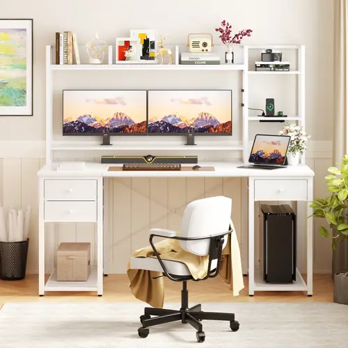 Cyclysio 55.2'' Rectangular Steel & Wood Adjustable Ergonomic Home Office Desk - Sturdy Computer Desk, Gaming Workstation with Reversible Hutch, 3 Fabric Drawers, LED Modes, Charging Station, Storage Shelves, Ergonomic Laptop Stand, Home Office Desks