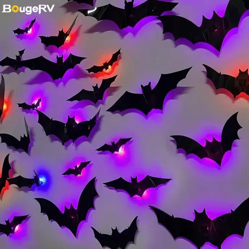 BougeRV 3D Bat Light LED Decorations, 12/24pcs Set, Halloween Spooky Decor, Bat/Spider/Butterfly Shapes, Bendable Wall Stickers, Easy Bubble-Free Application, Battery Powered, Non-Remote, Indoor Decor for Home, Party, Window, Door & Festival,sohochic