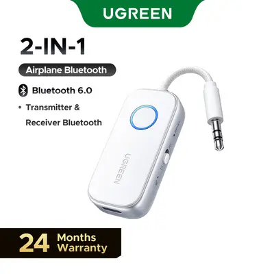 UGREEN Airplane Bluetooth 6.0 Transmitter Receiver for 2 Airpods or Headphones, Airplane Travel Essentials 2-in-1 Wireless Bluetooth Adapter, 3.5MM AUX Jack Adapter on Flight, TV, Car Stereo,Summer Sale